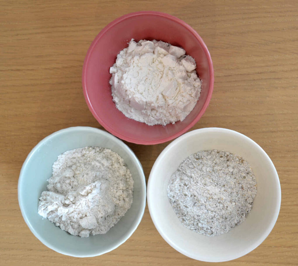 All Purpose (top), whole wheat (bottom-left) and rye (bottom-right) flour.