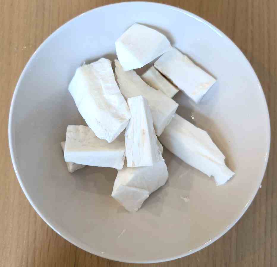 Peeled and chopped Cassava root.